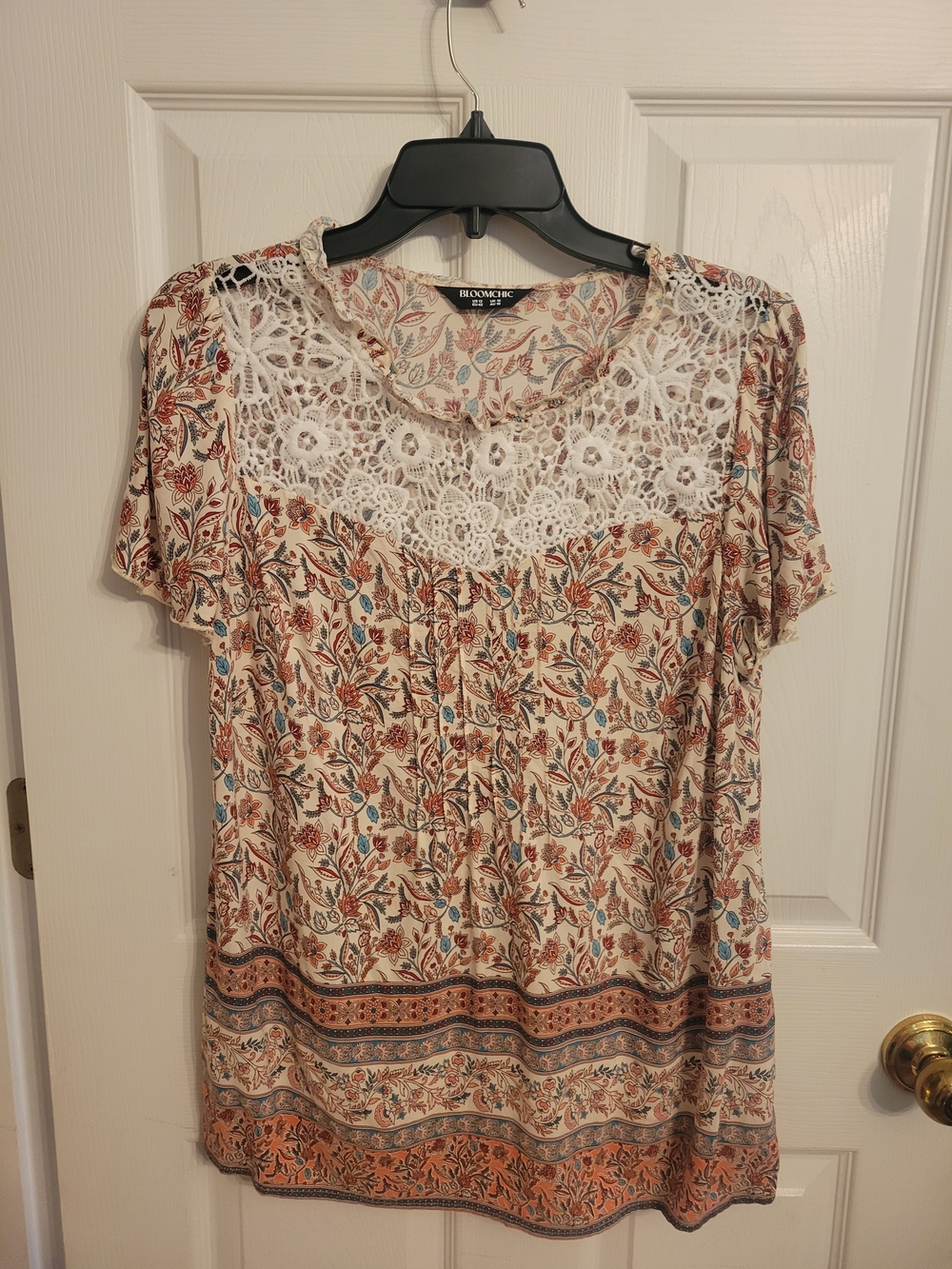 BloomChic Cream Floral Crochet-Yoke Blouse with Rust and Teal